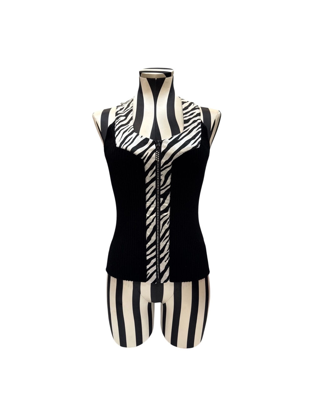 Belldini Black Ribbed Knit Tank Top w/ Zebra Print Detail